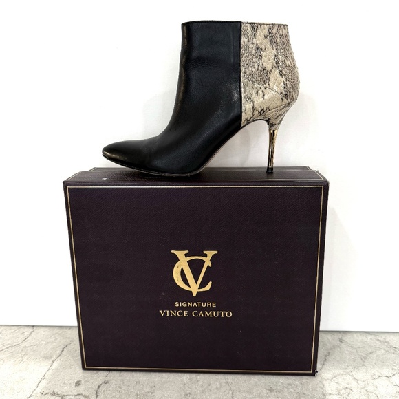 Signature Vince Camuto Black and Snakeskin with Gold Zipper Bootie. Size 8. - Picture 2 of 15